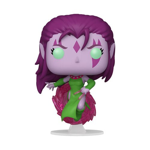 Out-of-box display of the Funko Pop! Blink #1458 vinyl figure from Marvel’s X-Men “Age of Apocalypse” collection, showcasing her green dress, purple skin, and dynamic pink energy base