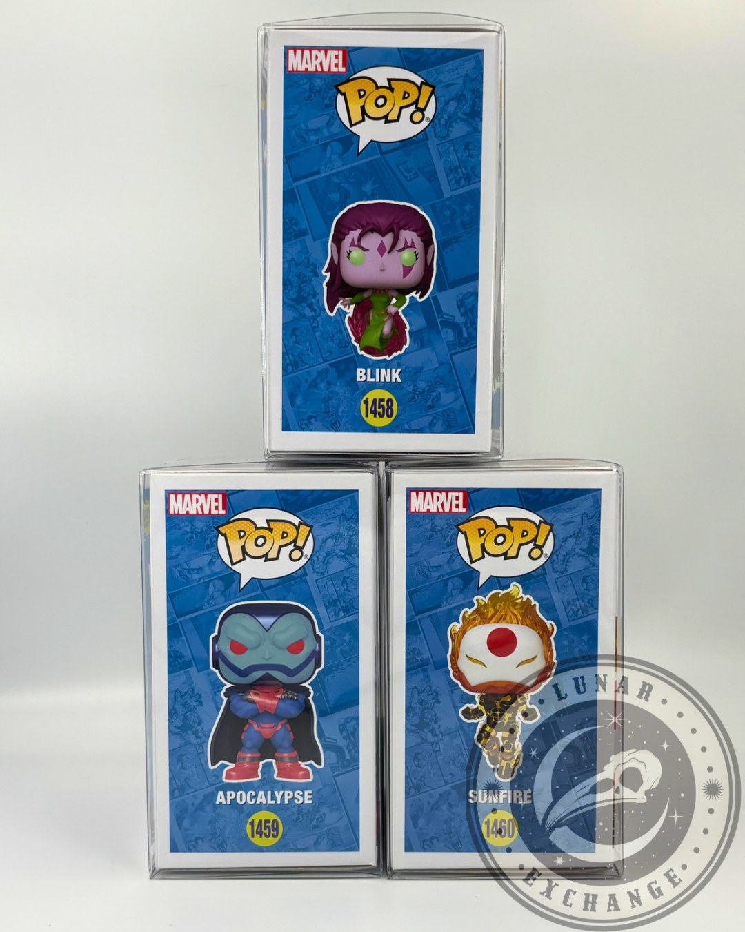 Front display of Funko Pop! Marvel X-Men Age of Apocalypse figures: Blink #1458, Apocalypse #1459, and Sunfire #1460, all shown in protective cases with the Lunar Exchange logo on a white backdrop.