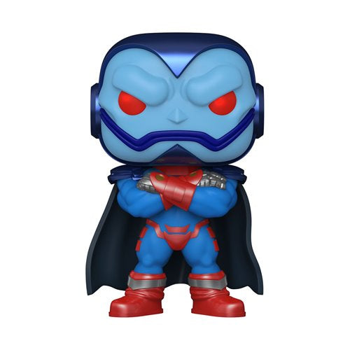 Close-up of the Funko Pop! Marvel Apocalypse (#1459) figure from X-Men “Age of Apocalypse,” shown out of box with arms crossed, red eyes, and comic-accurate blue and red armor.