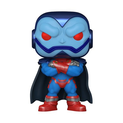 Close-up of the Funko Pop! Marvel Apocalypse (#1459) figure from X-Men “Age of Apocalypse,” shown out of box with arms crossed, red eyes, and comic-accurate blue and red armor.