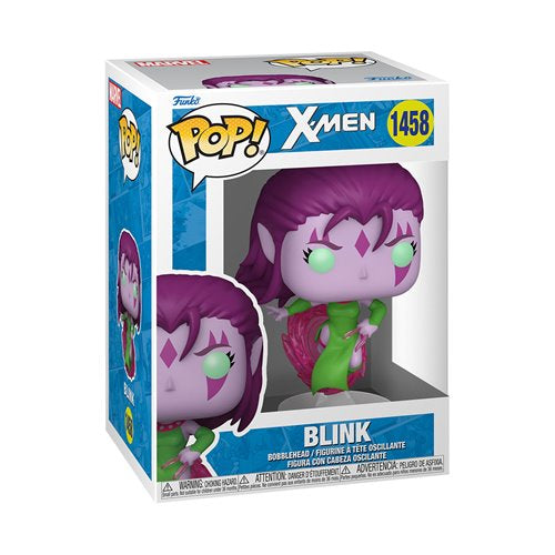 Funko Pop! X-Men Blink (#1458) boxed vinyl figure from the Marvel “Age of Apocalypse” line, with purple character art and X-Men branding clearly visible on the front panel.