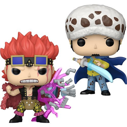 Set of two One Piece Funko Pop! Vinyl Figures featuring Eustass Kid with magnetic arm and Trafalgar Law with sword and spotted hat.