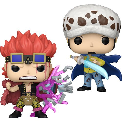 Set of two One Piece Funko Pop! Vinyl Figures featuring Eustass Kid with magnetic arm and Trafalgar Law with sword and spotted hat.
