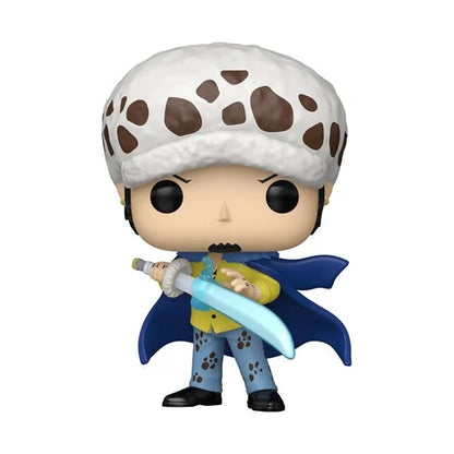 Trafalgar Law Funko Pop! figure from One Piece holding a sword and wearing his signature hat and cape.