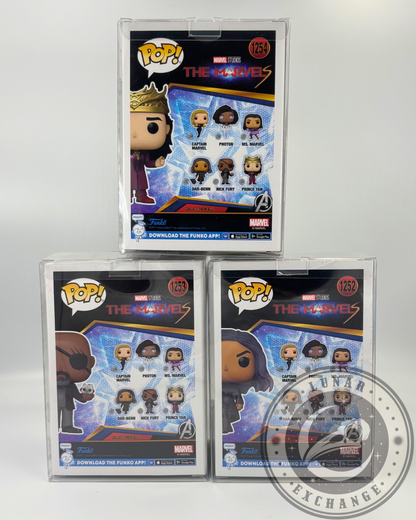 Rear packaging view of The Marvels Funko Pop! boxes showing collectible set: Captain Marvel, Photon, Ms. Marvel, Dar-Benn, Nick Fury, and Prince Yan.