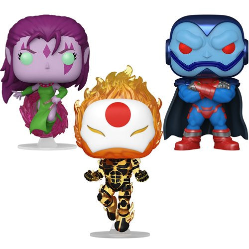 Three Funko Pop! vinyl figures from Marvel’s X-Men “Age of Apocalypse” lineup — Blink (#1458), Apocalypse (#1459), and Sunfire (#1460) — displayed out of box, featuring vivid details like Sunfire’s translucent flames and Blink’s green/purple color scheme.