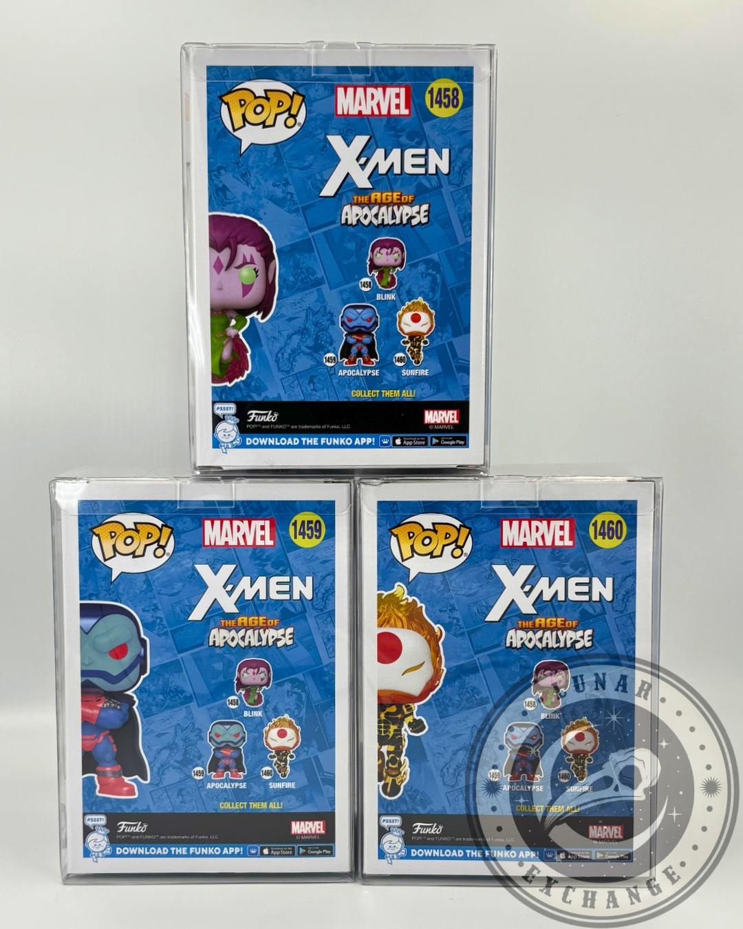 Back-of-box view of the Funko Pop! Marvel “Age of Apocalypse” figures, showing the full wave checklist with Blink #1458, Apocalypse #1459, and Sunfire #1460, displayed in collector protectors.