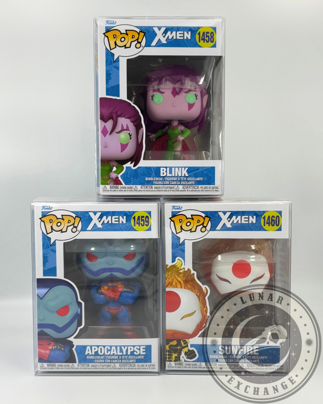 Boxed set of Funko Pop! X-Men vinyl figures from the “Age of Apocalypse” line — Blink #1458, Apocalypse #1459, and Sunfire #1460 — professionally displayed in clear protectors with Lunar Exchange branding.