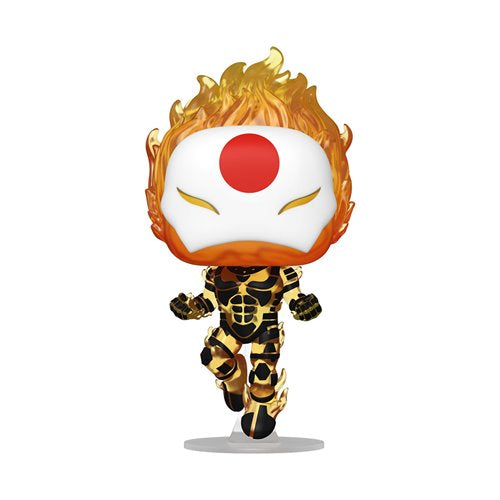 Detailed close-up of the Funko Pop! Marvel Sunfire #1460 vinyl figure from the X-Men “Age of Apocalypse” line, featuring a Japanese flag-style mask, black/gold suit, and fiery translucent hair.