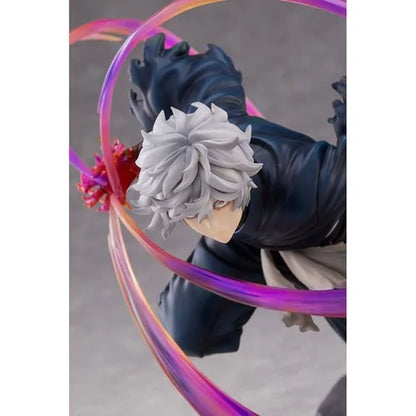 Overhead angled close-up of Gabimaru’s dynamic pose, highlighting his silver hair and energy trails.