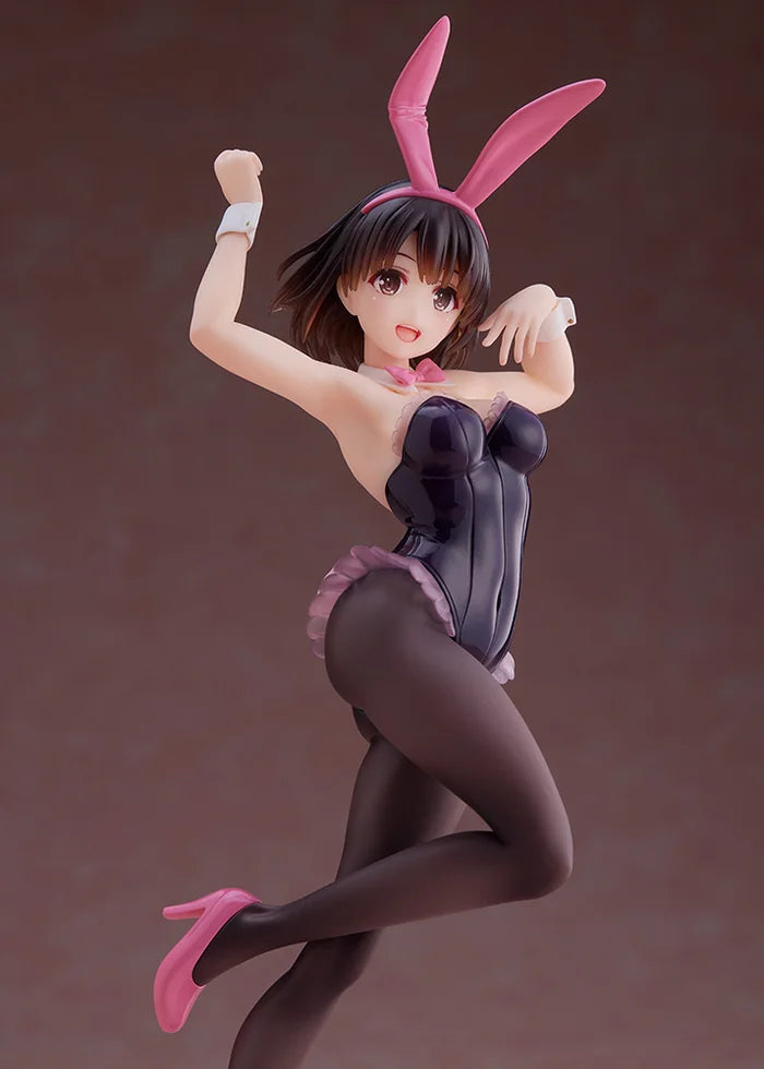 Close up side view showing leaping pose and glossy black bunny suit.
