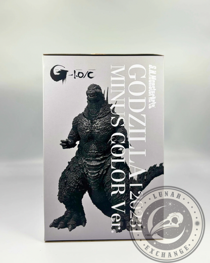 Side box artwork of Godzilla Minus One figure in standing pose with bold vertical text and gray background
