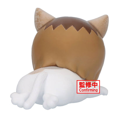 Rear view of the Haikyu!! Fluffy Puffy Kenmaneko figure showing its fluffy white body, curled tail, and the back of its brown wig-style fur.