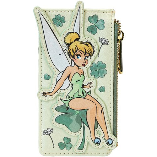 Disney Loungefly Tinker Bell Four Leaf Clover Cardholder – Front view with gold foil accents.