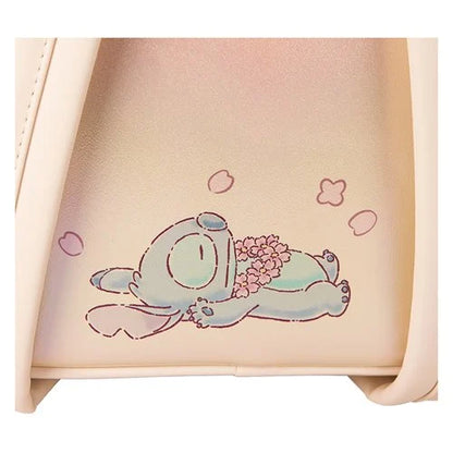 Close-up of Loungefly Lilo & Stitch backpack showcasing faux leather material and embossed details.