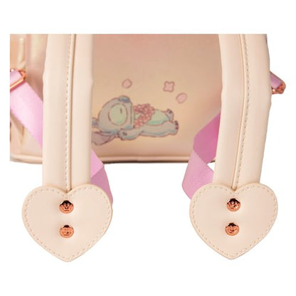Close-up of Loungefly Lilo & Stitch backpack showcasing faux leather material and embossed details.