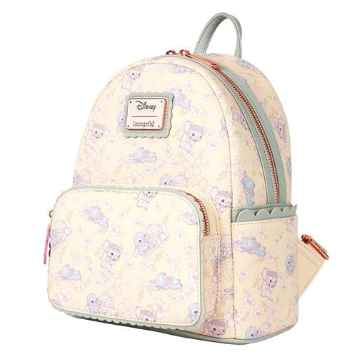 Side view of Loungefly Stitch cherry blossom mini-backpack, highlighting adjustable straps and floral patterns.