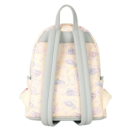 Back view of Loungefly Stitch cherry blossom mini-backpack, highlighting adjustable straps and floral patterns.