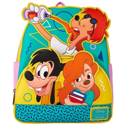 A Goofy Movie 30th Anniversary Mini-Backpack by Loungefly featuring Max, Bobby, and Roxanne with retro print details.