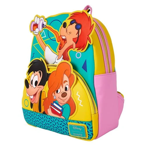 Side view of Loungefly A Goofy Movie mini-backpack, highlighting adjustable straps and Powerline back panel design.