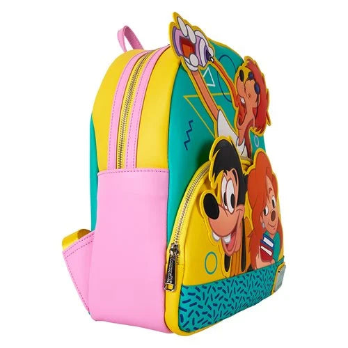 Side view of Loungefly A Goofy Movie mini-backpack, highlighting adjustable straps and Powerline back panel design.
