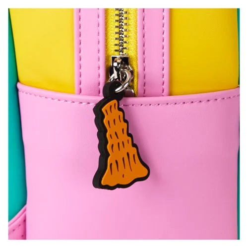 Close-up of Loungefly A Goofy Movie backpack showcasing faux leather material and vibrant retro accents.