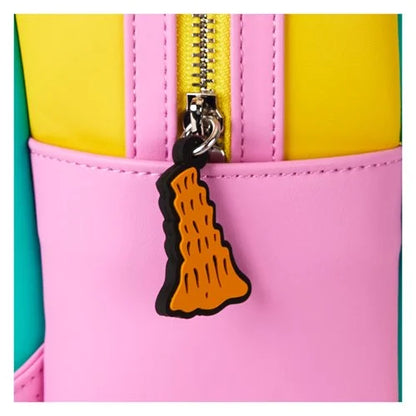 Close-up of Loungefly A Goofy Movie backpack showcasing faux leather material and vibrant retro accents.