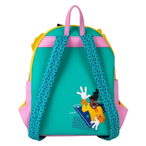 Back view of Loungefly A Goofy Movie mini-backpack, highlighting adjustable straps and Powerline back panel design.
