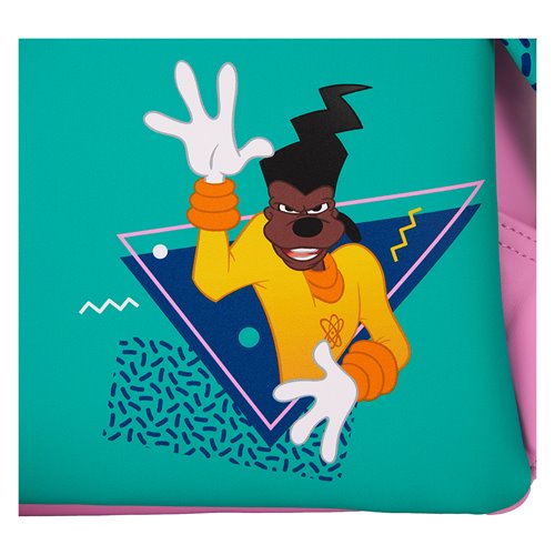 Close-up of Loungefly A Goofy Movie backpack showcasing faux leather material and vibrant retro accents.