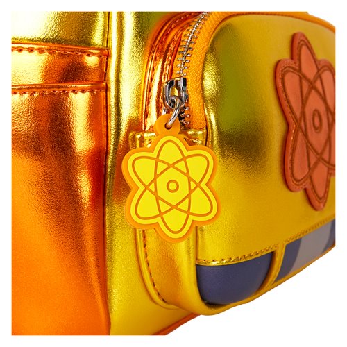 Close-up of Loungefly A Goofy Movie Powerline Max backpack showcasing metallic faux leather and embroidered details.