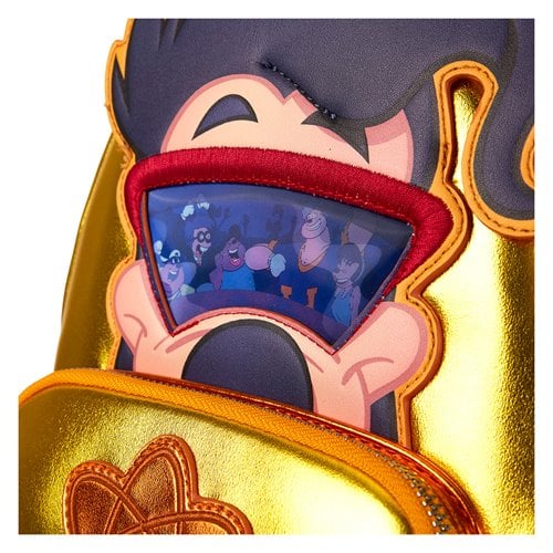Close-up of Loungefly A Goofy Movie Powerline Max backpack showcasing metallic faux leather and embroidered details.
