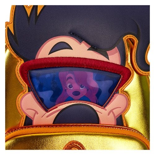 Close-up of Loungefly A Goofy Movie Powerline Max backpack showcasing metallic faux leather and embroidered details.