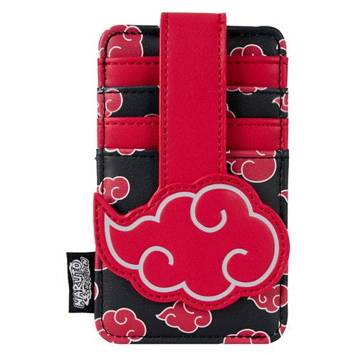 Loungefly Naruto Akatsuki Itachi cardholder with red cloud print and black faux leather finish.