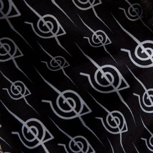 Loungefly Naruto Akatsuki sling bag with all-over red cloud design and metal charm.