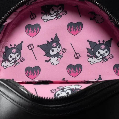 Inside of the backpack featuring pink lining with playful Kuromi graphics and black heart flames.