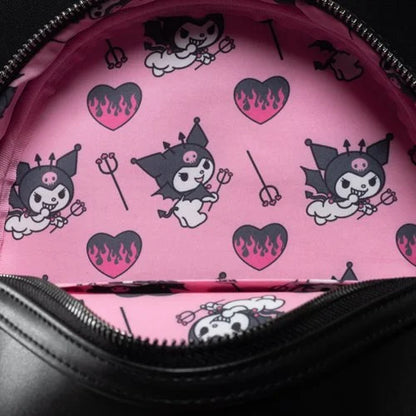 Inside of the backpack featuring pink lining with playful Kuromi graphics and black heart flames.