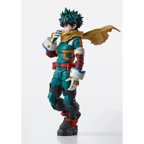 Side view of Bandai Tamashii Nations Deku action figure, highlighting anime-accurate design and accessories.