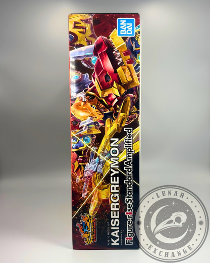 Left side panel of the KaiserGreymon model kit box displaying close-up key art of the Digimon character and product branding.