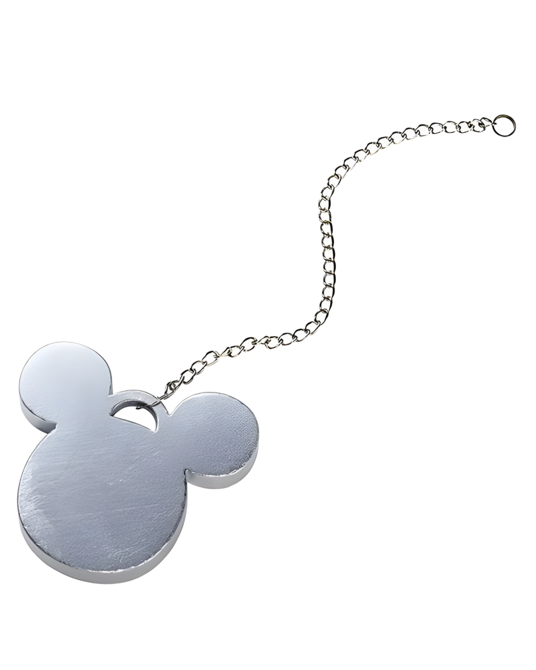 Detailed close-up of the metallic Mickey Mouse keychain attached to Sora’s Keyblade, showcasing the silver finish and linked chain accessory.