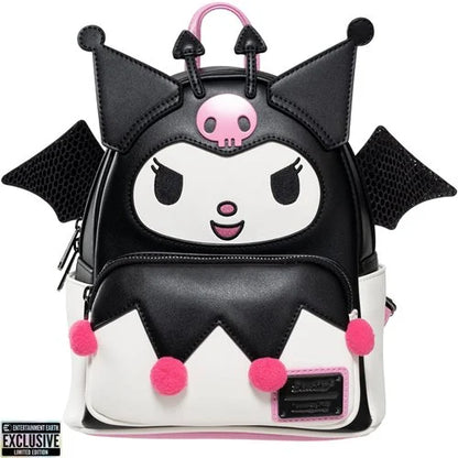 Front view of Sanrio Kuromi mini-backpack with devil horns, pink skull, and plush pom-poms.