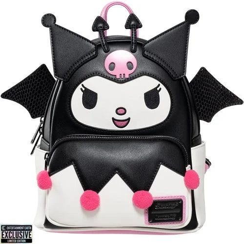 Front view of Sanrio Kuromi mini-backpack with devil horns, pink skull, and plush pom-poms.