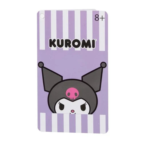Front of the product tag for the Sanrio Kuromi Loungefly mini-backpack, featuring Kuromi’s face peeking up from purple and white vertical stripes with an age rating of 8+.