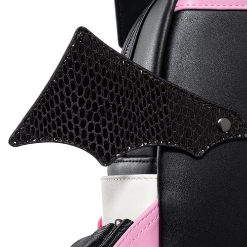 Close-up image of the right bat wing detail on the Sanrio Kuromi mini-backpack, showing textured black faux leather with a screw rivet attachment.