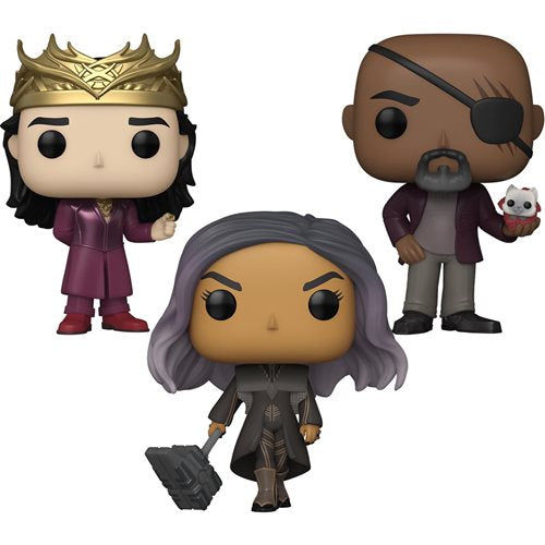 Out-of-box Funko Pop! vinyl figures of Prince Yan, Nick Fury with Goose the Flerken, and Dar-Benn from Marvel Studios' The Marvels.