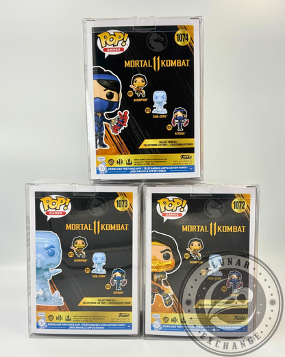 Back of Mortal Kombat 11 Funko Pop! figure boxes showing official checklist artwork for Scorpion, Sub-Zero, and Kitana.