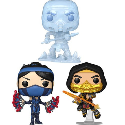 Full set of Mortal Kombat 11 Funko Pop! vinyl figures featuring Kitana, Scorpion with flame spear, and translucent Sub-Zero on icy base.