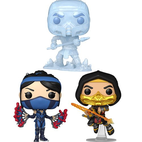 Full set of Mortal Kombat 11 Funko Pop! vinyl figures featuring Kitana, Scorpion with flame spear, and translucent Sub-Zero on icy base.