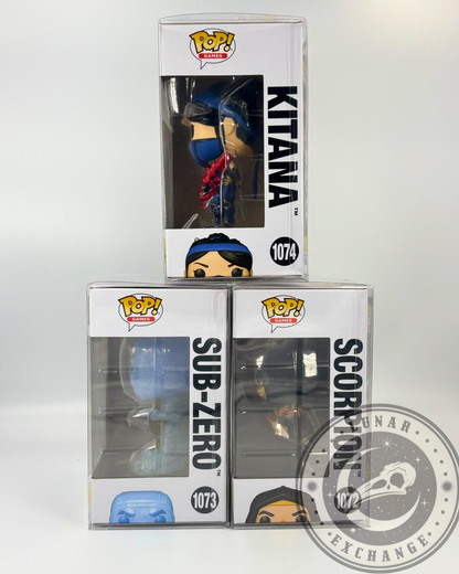 Side profile of boxed Kitana, Sub-Zero, and Scorpion Funko Pop! vinyl figures arranged in pyramid layout.