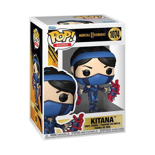 Front of Kitana Mortal Kombat 11 Funko Pop! box showing figure inside clear display window.