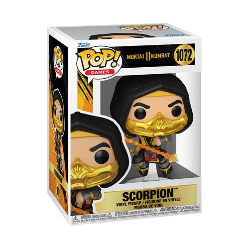 Front of Scorpion Funko Pop! vinyl figure box from Mortal Kombat 11, showcasing figure and branding.